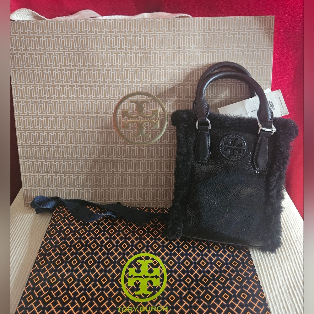 NWT Tory Burch Blake Patent Shearling Mini Shopper Tote Crossbody Bag #145289
